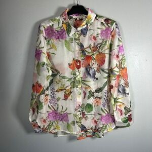 Lucky & Coco Women's Floral Bird Print Button Up Shirt Long Sleeve White Size M